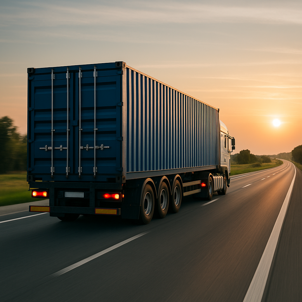 Camion sur route au coucher du soleil